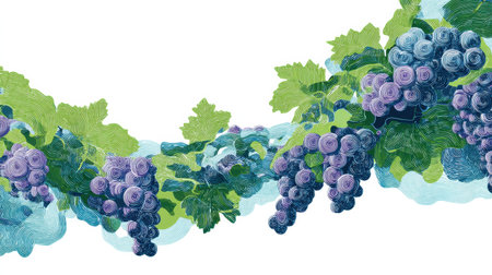 Colorful design of grape clusters artistically arranged in waves, accompanied by lush green foliage, enhancing visual appeal with organic forms.の素材