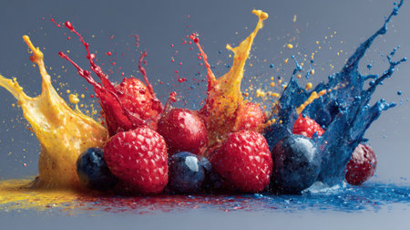 Dynamic paint splashes form an artistic representation of berries, showcasing bright red, blue, and yellow hues, creating a lively and colorful display.の素材