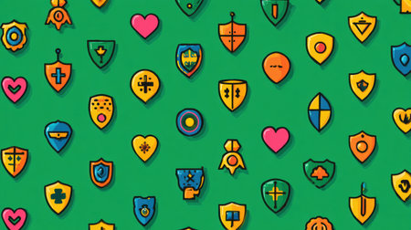 Colorful safety sign icons create a vibrant shield shape, displaying unique designs against a green backdrop perfect for attention-grabbing layouts.の素材