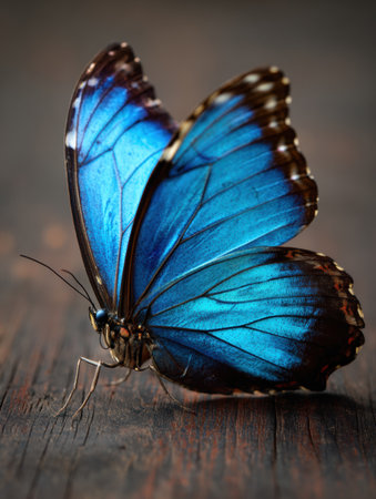 A blue morpho butterfly displays its stunning open wings on a dark wood surface, capturing soft natural light in a tranquil setting.の素材