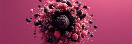An artistic representation depicts a central explosion of assorted berries, including raspberries and blackberries, set against a pink backdrop.の素材