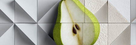 An abstract pear slice displayed on a backdrop of geometric tiles, highlighting clean lines and contrasting textures for design and culinary aesthetics.の素材