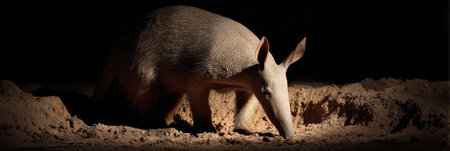 An aardvark engages in nocturnal digging activity in sandy soil, creating striking contrasts as shadows play across its textured body.の素材