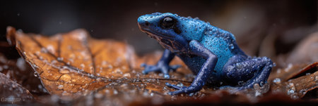 A striking blue poison dart frog sits on damp leaf litter, illuminated by soft ambient light in a vibrant rainforest ecosystem, showing its natural habitat.の素材