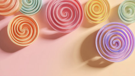 Colorful spirals reminiscent of fruit adorn a gentle pastel background, showing depth and texture with gradient shadows in a whimsical compositionの素材