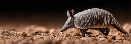 An armadillo walks steadily across dry earth, its unique texture contrasting against the barren landscape, with a clear top area visible in the background.の素材
