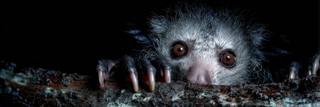 Fingers of an aye-aye reach out to touch rough tree bark under moody lighting, creating an intriguing atmosphere in an evening jungle setting.の素材