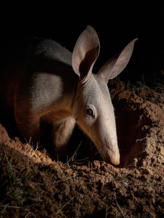 An aardvark is actively digging into the ground at night, surrounded by dark shadows and an open layout that enhances the nocturnal ambiance.の素材