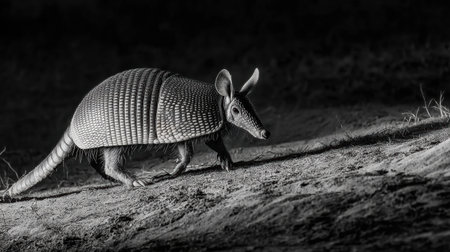 An armadillo walks across parched earth, showing its distinctive armor and form against a minimalistic backdrop, emphasizing its solitary movement.の素材