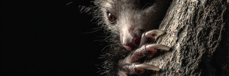 Aye-aye fingers curl around rough tree bark in moody light, showing their unique features in a captivating close-up.の素材
