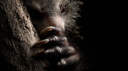 Aye-aye fingers cling to rough tree bark, illuminated by soft light, revealing their distinctive long nails and unique evolutionary traits during twilight.の素材
