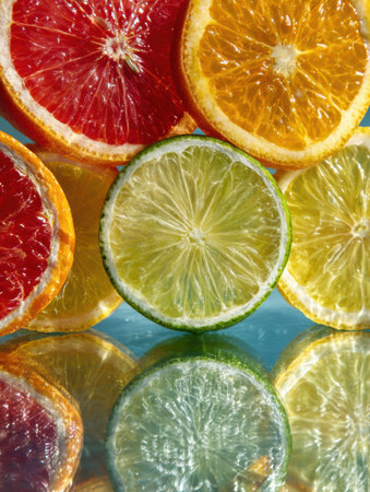 Brightly colored citrus slices rest on a glass table, casting dynamic reflections while leaving an upper empty space for creative use.の素材