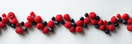 Bright red raspberries and dark blue blueberries form a playful wave on a white surface, showing a modern and fresh aesthetic ideal for food styling.の素材