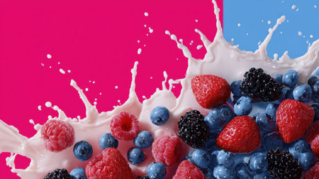 Assorted berries including raspberries, blueberries, and blackberries create a lively splash in milk, set against vivid pink and blue backgrounds.の素材
