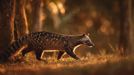 African civet strolls through warm golden light, blending with the serene forest background in a tranquil moment during the late afternoonの素材