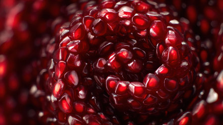 Bright red pomegranate seeds spiral together, forming a pleasing pattern, while the top third remains untouched, highlighting vibrant texture.の素材