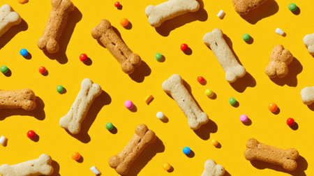 A colorful display of bone-shaped dog treats scattered playfully on a bright yellow background, creating a fun and inviting atmosphere for pet lovers.の素材