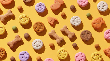 Colorful dog treats are playfully arranged against a lively dotted background, creating a fun and cheerful atmosphere that invites joyful moments.の素材