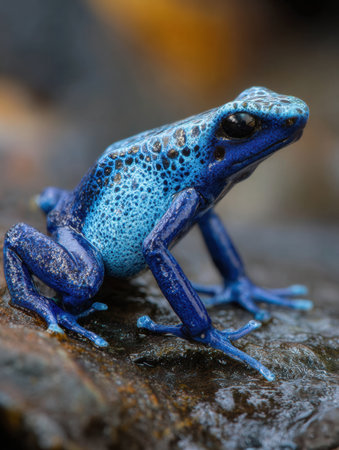 A blue poison frog rests on a wet rock in shallow water, showing vivid blue skin and intricate patterns under natural light with a soft focus background.の素材