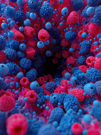 Vividly colored berry explosion presents a stunning array of textures with an open center, showcasing artistic creativity and vibrant hues of blue and pinkの素材