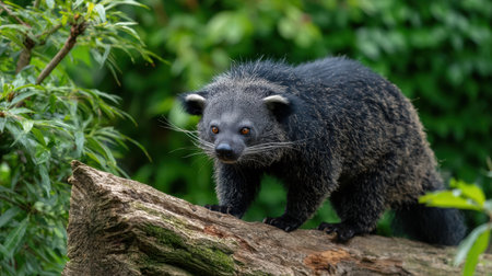 Binturong explores a log in a vibrant green environment, showing its unique fur and features while basking in soft, natural light.の素材
