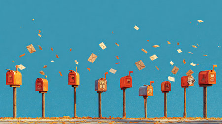 A line of animated mailboxes showcases letters flying in and out, set against a bright blue backdrop, creating a lively and whimsical atmosphere.の素材