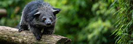 A binturong is skillfully climbing a log surrounded by vibrant greenery, illuminated by soft light, capturing the beauty of this animal in its habitat.の素材