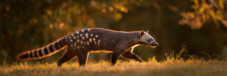 An african civet moves gracefully through warm golden light with a lush forest backdrop, showing its unique markings and curious demeanor.の素材