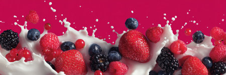 Colorful collection of berries splashes in milk, creating a striking visual effect on a bright background, showing freshness and vibrancy.の素材