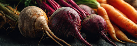Fresh beets and carrots are arranged in an earthy layout, highlighting their vibrant colors and unique textures while maintaining a natural and serene ambiance.の素材