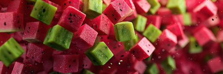 Colorful 3D cubes of watermelon showcase an abstract arrangement with a striking open area at the top, emphasizing texture and form.の素材