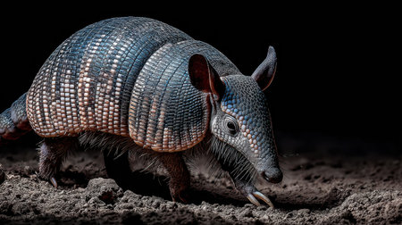 An armadillo moves slowly across cracked dry soil, highlighting its distinctive armor and texture as it navigates the barren landscape in natural light.の素材