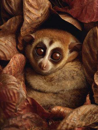 Bengal slow loris rests curled among warm, vibrant leaves, highlighting its expressive eyes and soft fur in a tranquil natural setting.の素材