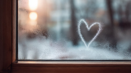 Condensation forms a heart shape on a blurred winter window, creating a cozy feeling with soft evening light visible in the background.の素材