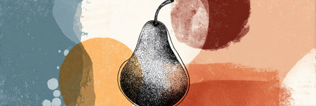 Stylized pear shape showcases textured elements and vibrant colors, offering space for custom branding in an artistic design layout.の素材
