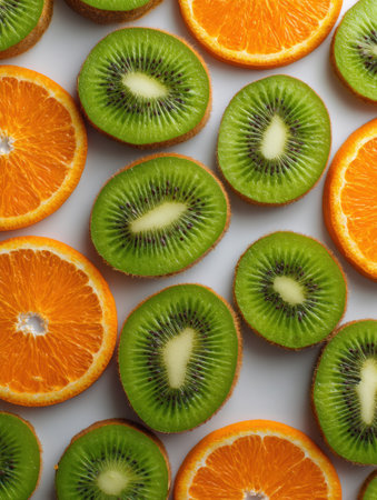 Sliced kiwis and oranges create a colorful abstract pattern that highlights their textures while negative space adds depth and contrast to the composition.の素材