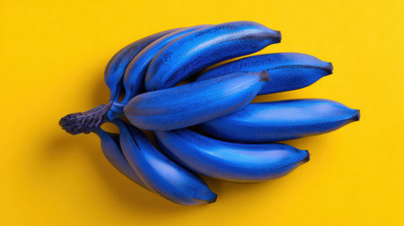 A cluster of blue bananas lies against a bright yellow background, presenting a captivating surreal concept with ample negative space for creativity.の素材