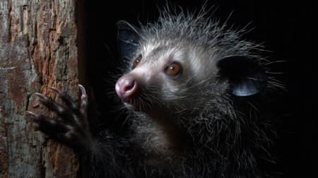 Fingers of an aye-aye gently touch tree bark, illuminated by dim light, highlighting the creatures unusual anatomy in its natural habitat at duskの素材
