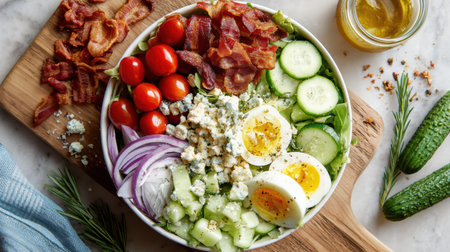 Fresh ingredients including lettuce, cucumber, tomatoes, bacon, and eggs are beautifully arranged in a bowl on a wooden board, inviting a delicious meal.の素材