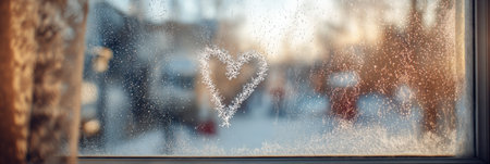 Condensation covers the blurred window with a heart drawn on it, creating a cozy and inviting winter scene that captures the chill outside.の素材