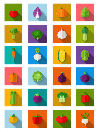 Bright and cheerful flat icons depict various vegetables in a grid format, showing their unique colors and shapes against contrasting backgrounds.の素材