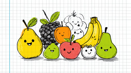Colorful fruits with smiling faces fill the layout, creating a cheerful atmosphere and showing a creative celebration of healthy eating and fun.の素材