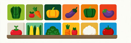 Flat icons of various vegetables are showcased in a colorful grid format, with each icon set against a bright background to enhance visibility.の素材