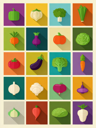 A grid shows colorful flat icons of various vegetables, showcasing their vibrant colors and diverse shapes against a contrasting background.の素材