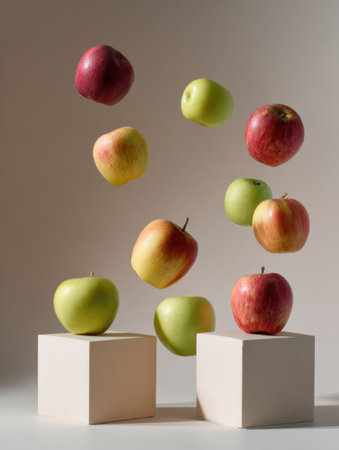 Colorful apples hover above simple blocks in a clean studio space, creating a visually striking arrangement that highlights their freshness and vibrancy.の素材