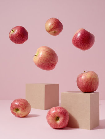 Apples appear to float above neutral blocks, set against a soft pink background, creating a contemporary and visually striking composition.の素材