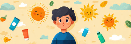 A young child prepares for outdoor fun by applying sunscreen, smiling amidst playful sun icons and vibrant colors on a sunny day.の素材