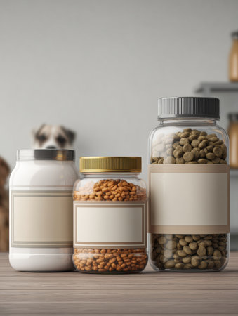 Three jars of pet nutrition ingredients display clean labels on a wooden table, ready for branding while a dog sits in the background.の素材