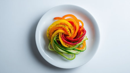 A vibrant arrangement of spiralized vegetables including bell peppers and cucumbers sits on a clean white plate, highlighting freshness and creativity.の素材