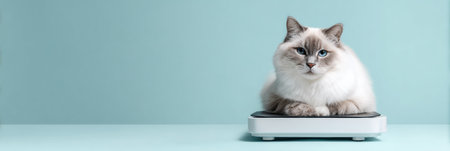 A cat sits calmly on a digital scale in a veterinary clinic, surrounded by a soothing pastel background, as it awaits its health assessment.の素材